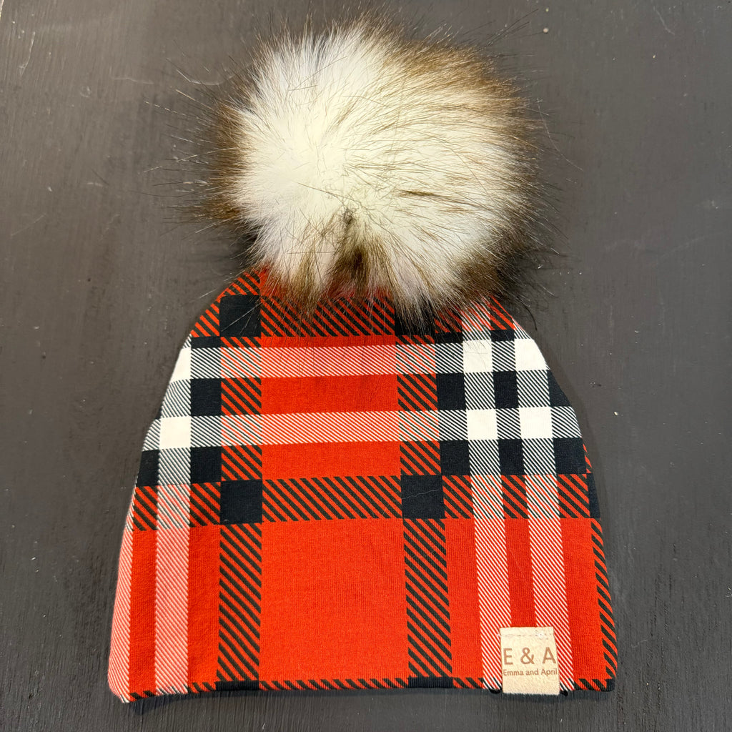 Red Plaid Pom Beanie