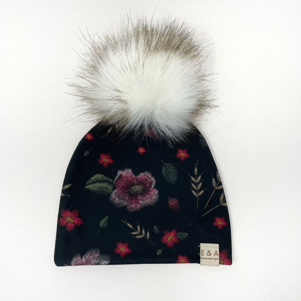 Embroidered Floral Pom Beanie